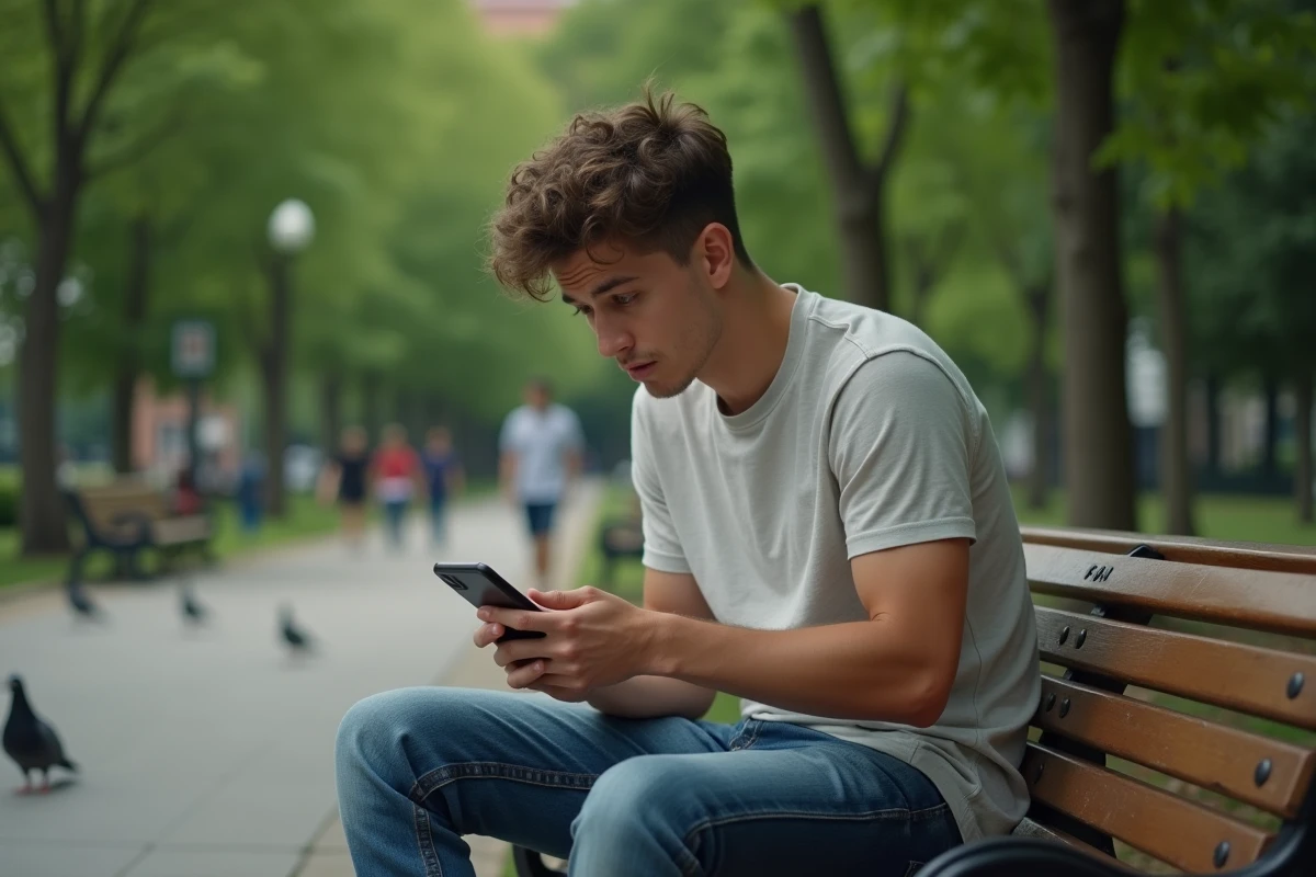 Jeune homme seul sur un banc de parc regardant son téléphone