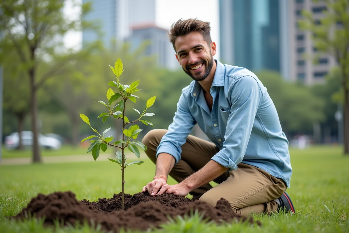 Jeune homme plante un jeune arbre dans un parc urbain