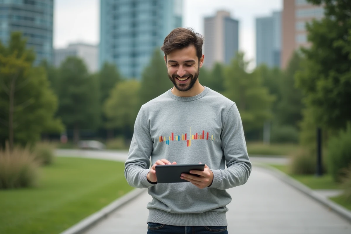 Jeune homme souriant utilisant une tablette avec des graphiques ETF