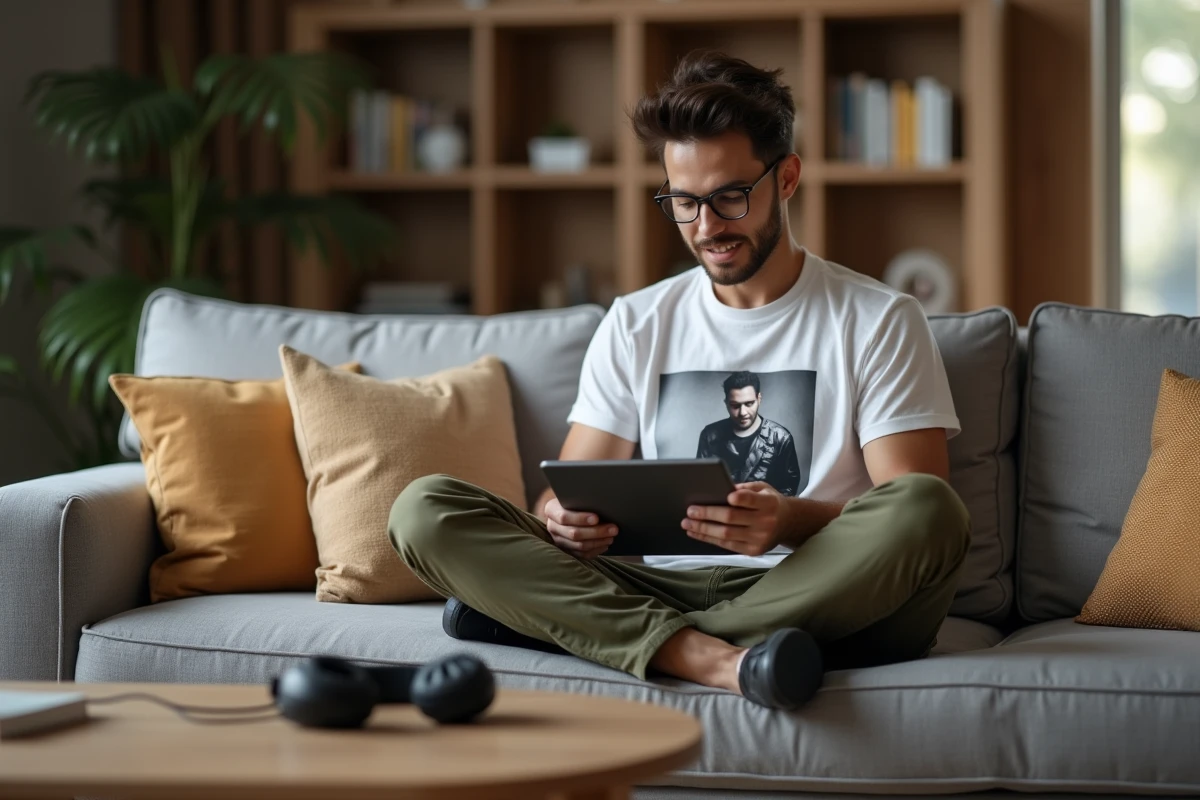 Jeune homme vérifiant le nom d'un chanteur sur une tablette avant de le rechercher sur YouTube
