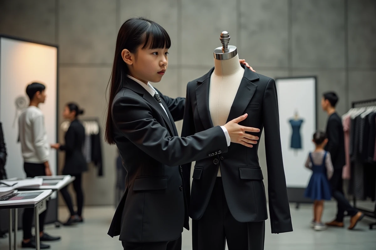 Jeune fille de 10 ans ajustant un mannequin en backstage