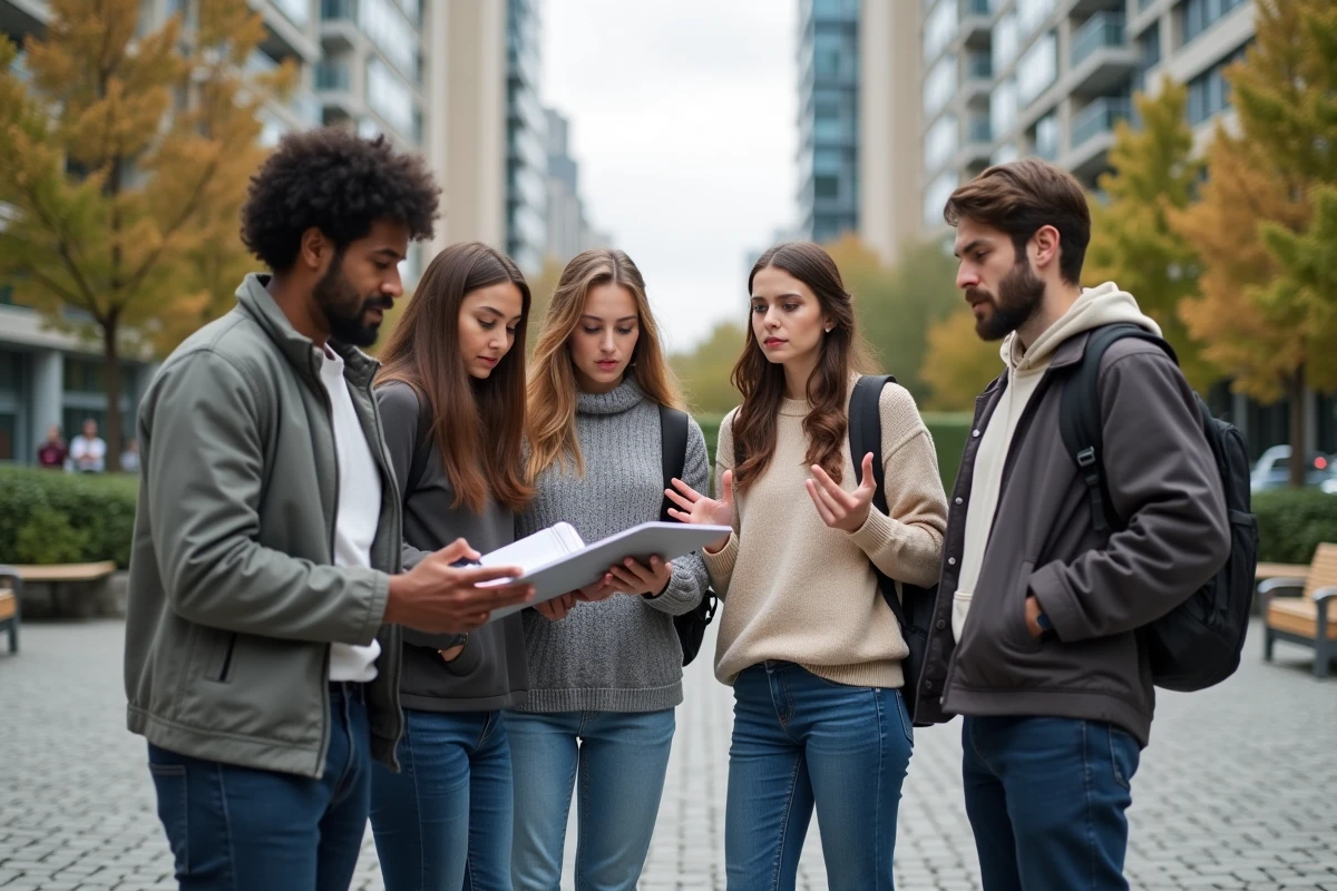 Groupe de jeunes adultes discutant en espace urbain pour l