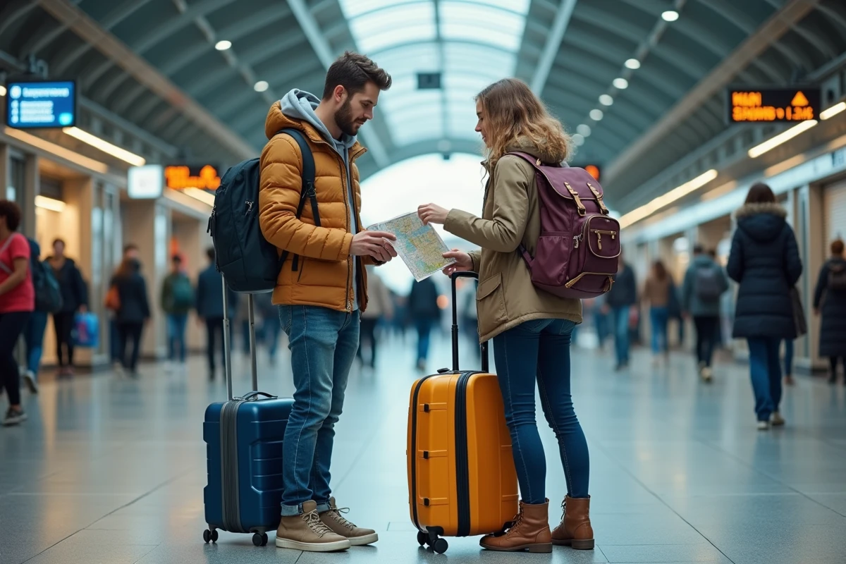Jeunes voyageurs dans une gare animée en déplacement