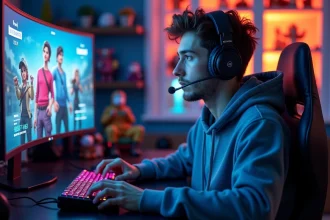 Joueur de Fortnite adulte concentré devant son écran de jeu montrant des statistiques de joueurs