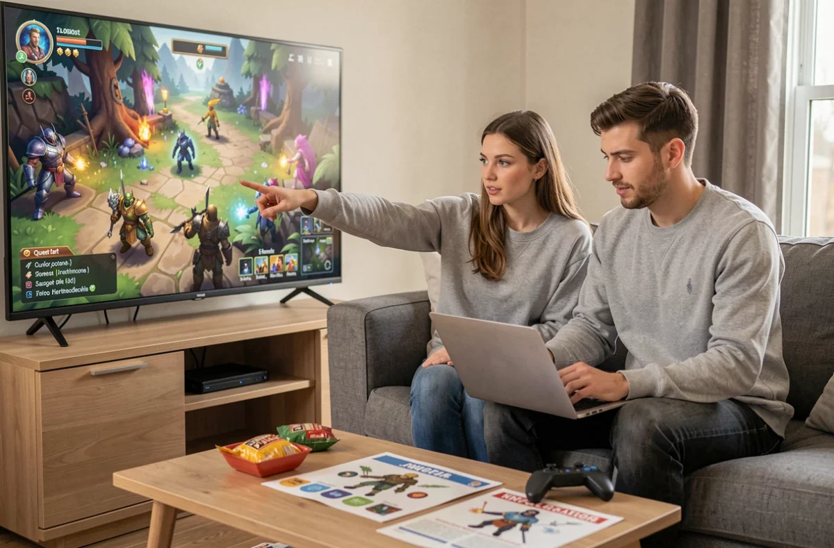 Deux joueurs cherchant ensemble les emplacements des PNJ et objets clés d'une quête de jeu vidéo en coopération