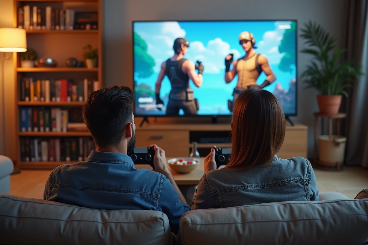 Deux joueurs adultes jouant à Fortnite en co-op dans un salon moderne avec écran de jeu