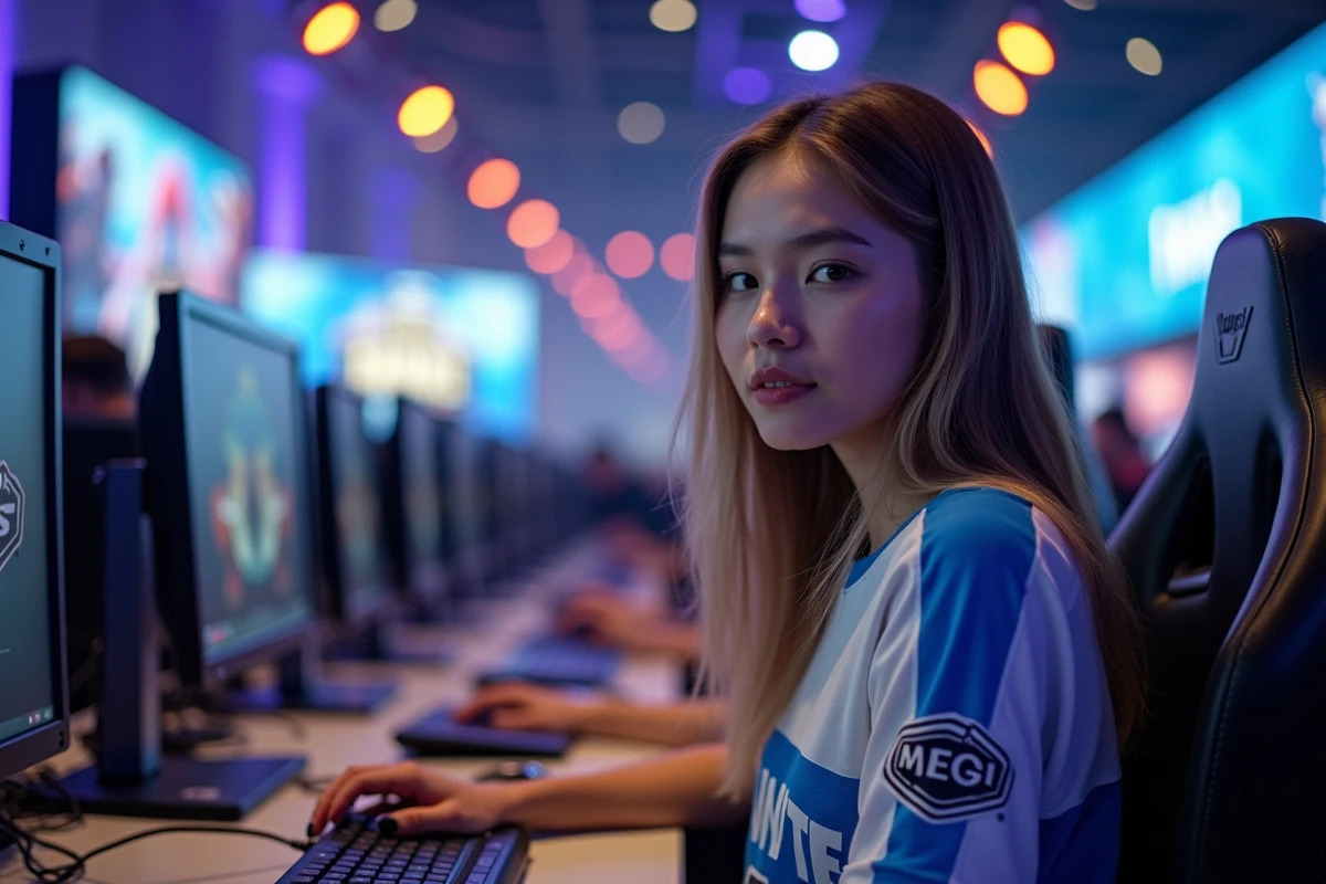 Joueuse professionnelle de Fortnite lors d'un événement esport avec compteur de joueurs en arrière-plan