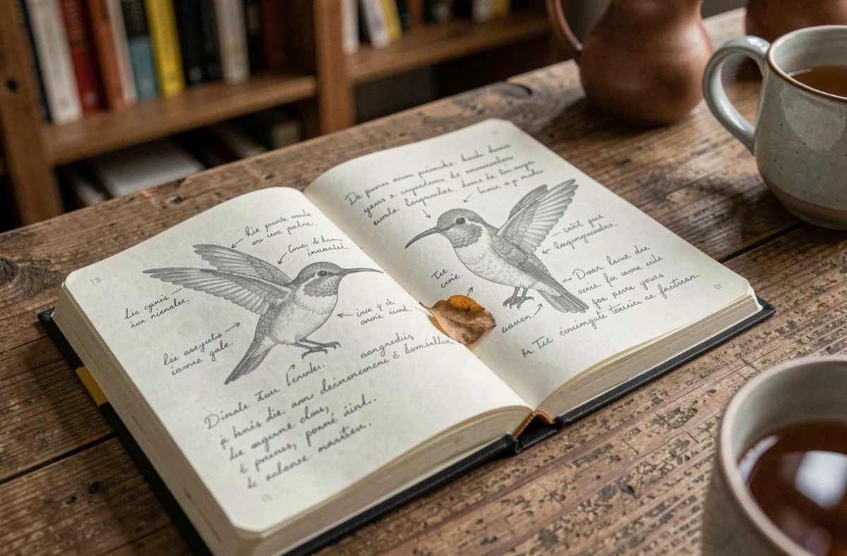 Journal de rêves ouvert avec un dessin de colibri et des notes manuscrites, symbolisant l'interprétation des rêves au colibri