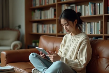 Jeune femme lisant des mangas gratuitement sur une tablette dans son salon, entourée de volumes de manga sur des étagères