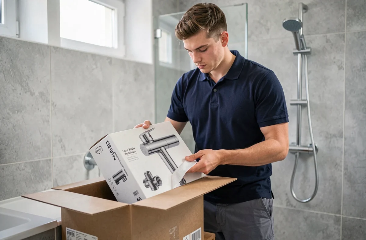 Letellier Romain plombier auto-entrepreneur déballant un mitigeur thermostatique à Saint-Hilaire-de-Briouze