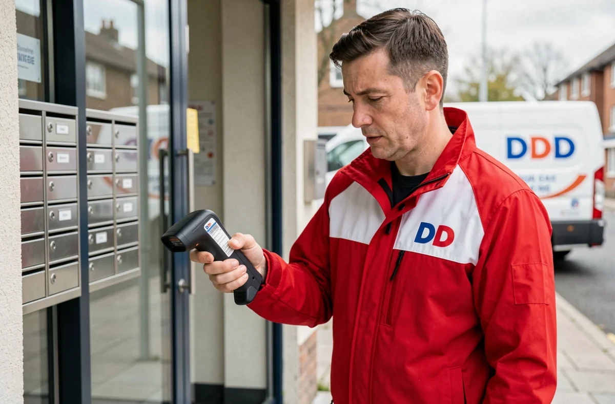 Livreur DPD scannant un colis devant un immeuble résidentiel