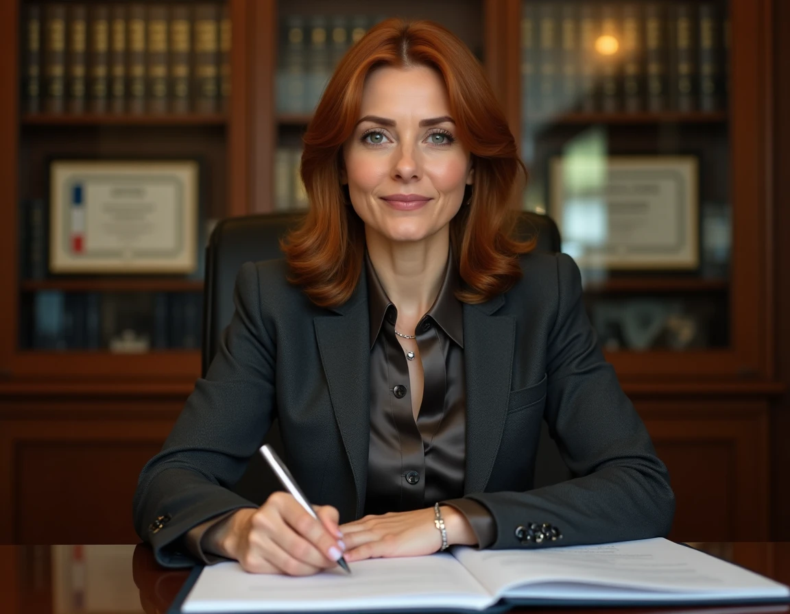Maître Anne-Sophie Petit, avocate au barreau d'Amiens, dans son bureau avec des dossiers juridiques