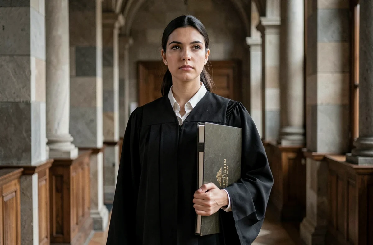 Maître Florine Talon, avocate pénaliste, en robe d'avocat dans un couloir du palais de justice