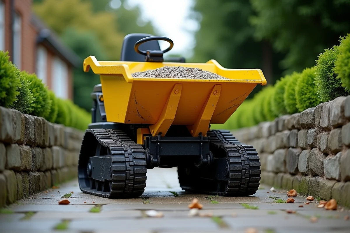 Mini dumper à chenilles chargé de gravier sur chemin étroit en aménagement paysager résidentiel