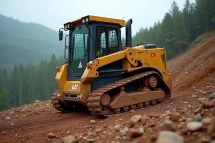 Mini dumper à chenilles sur terrain escarpé et accidenté avec sol meuble et rochers
