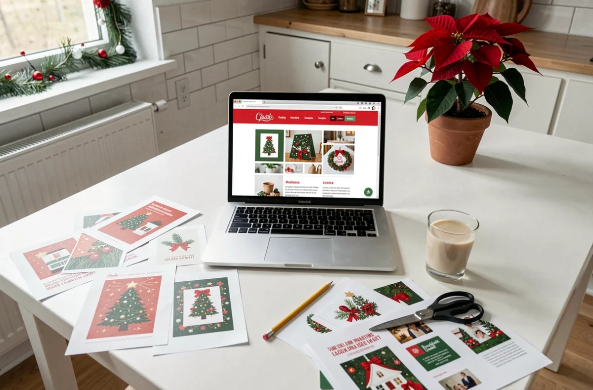 Vue de dessus d'un espace de travail créatif avec un ordinateur affichant des modèles de cartes de Noël à imprimer et des exemples imprimés sur la table