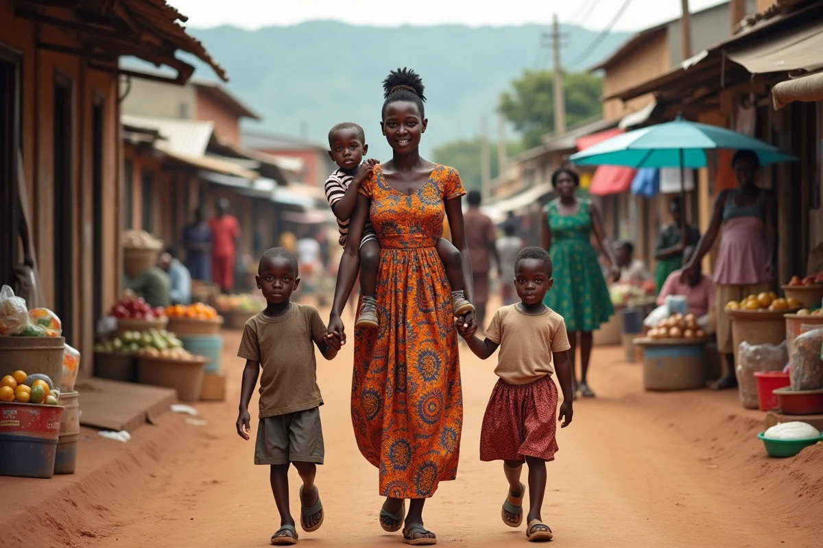 Mère burundaise avec ses enfants dans un marché local animé