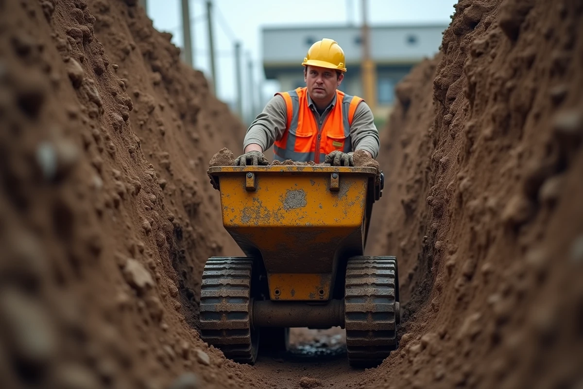 Opérateur manœuvrant un mini dumper à chenilles dans une tranchée de chantier étroite