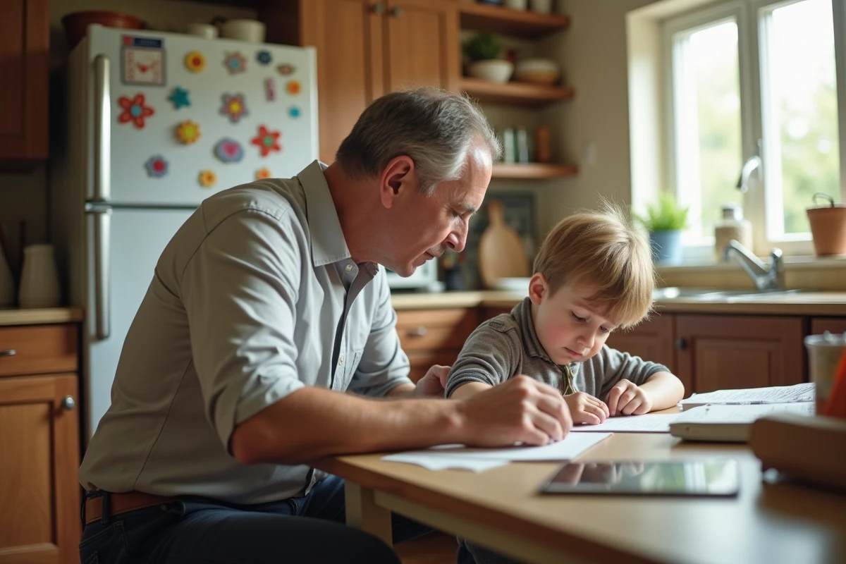 Pere aidant son fils avec les devoirs à la cuisine