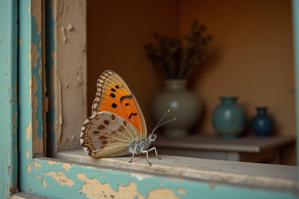 Papillon marron posé sur le rebord d'une fenêtre en bois rustique, évoquant la signification spirituelle et les changements de vie