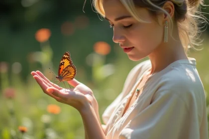 Papillon marron posé sur la main d'une femme dans un jardin fleuri, symbolisant le changement et la transformation spirituelle