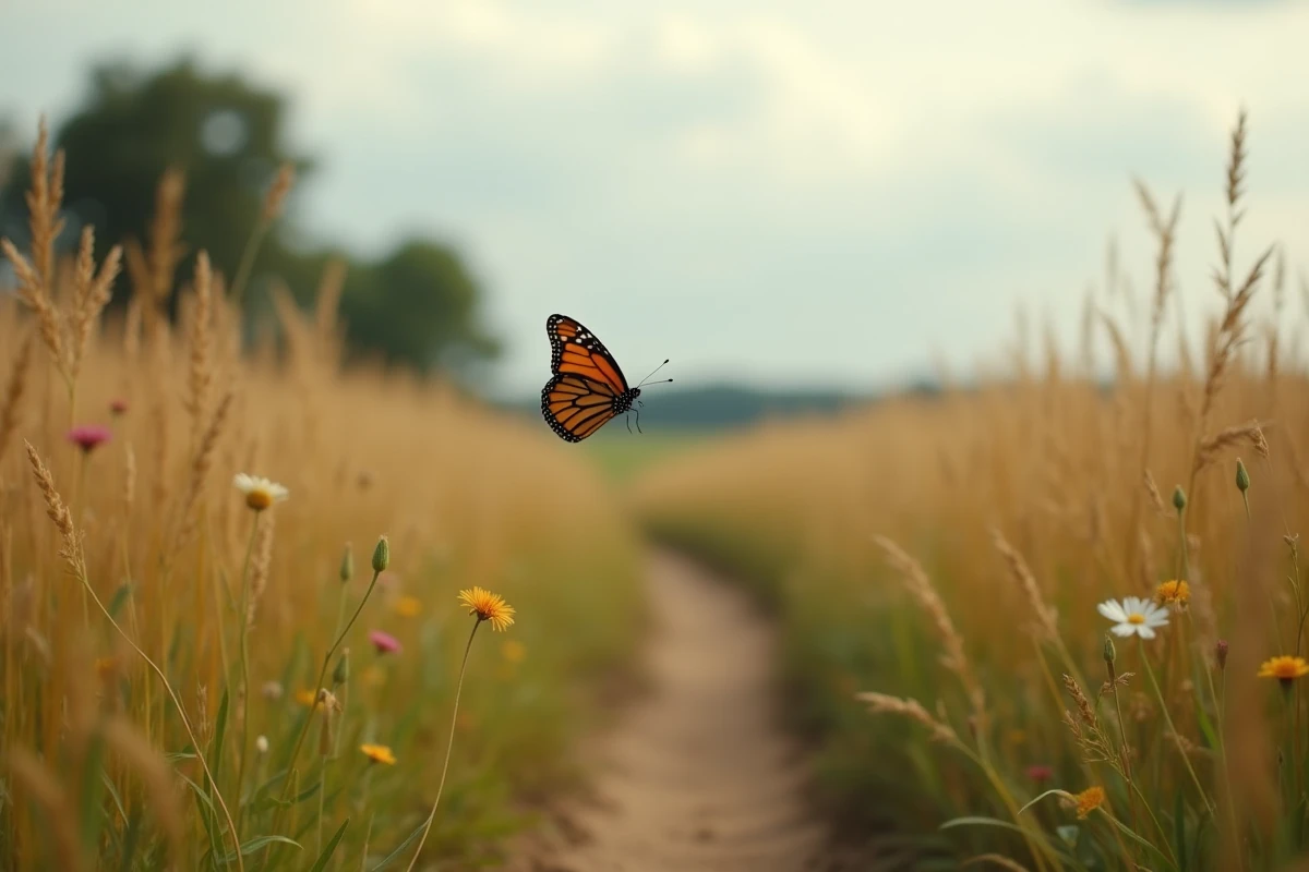 Papillon marron en vol au-dessus d'un champ de hautes herbes dorées, symbolisant la transformation et les changements à venir dans la vie