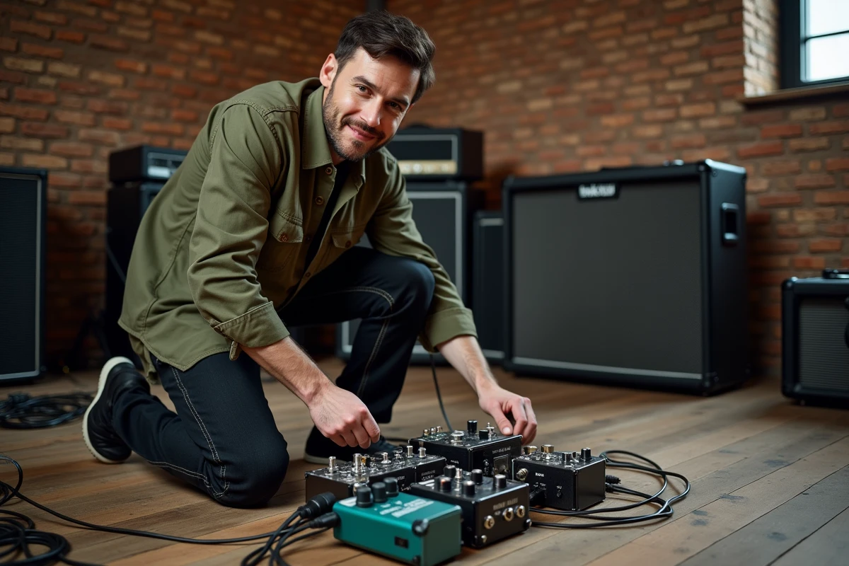 Musicien configurant un pedalboard et une boîte DI au sol dans une salle de répétition pour reproduire le son studio d'une basse 64 sur scène
