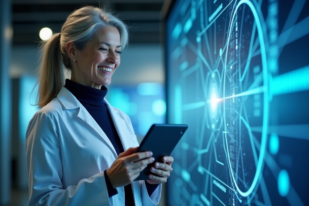 Physicienne observant un schematic de qubits dans un centre de recherche