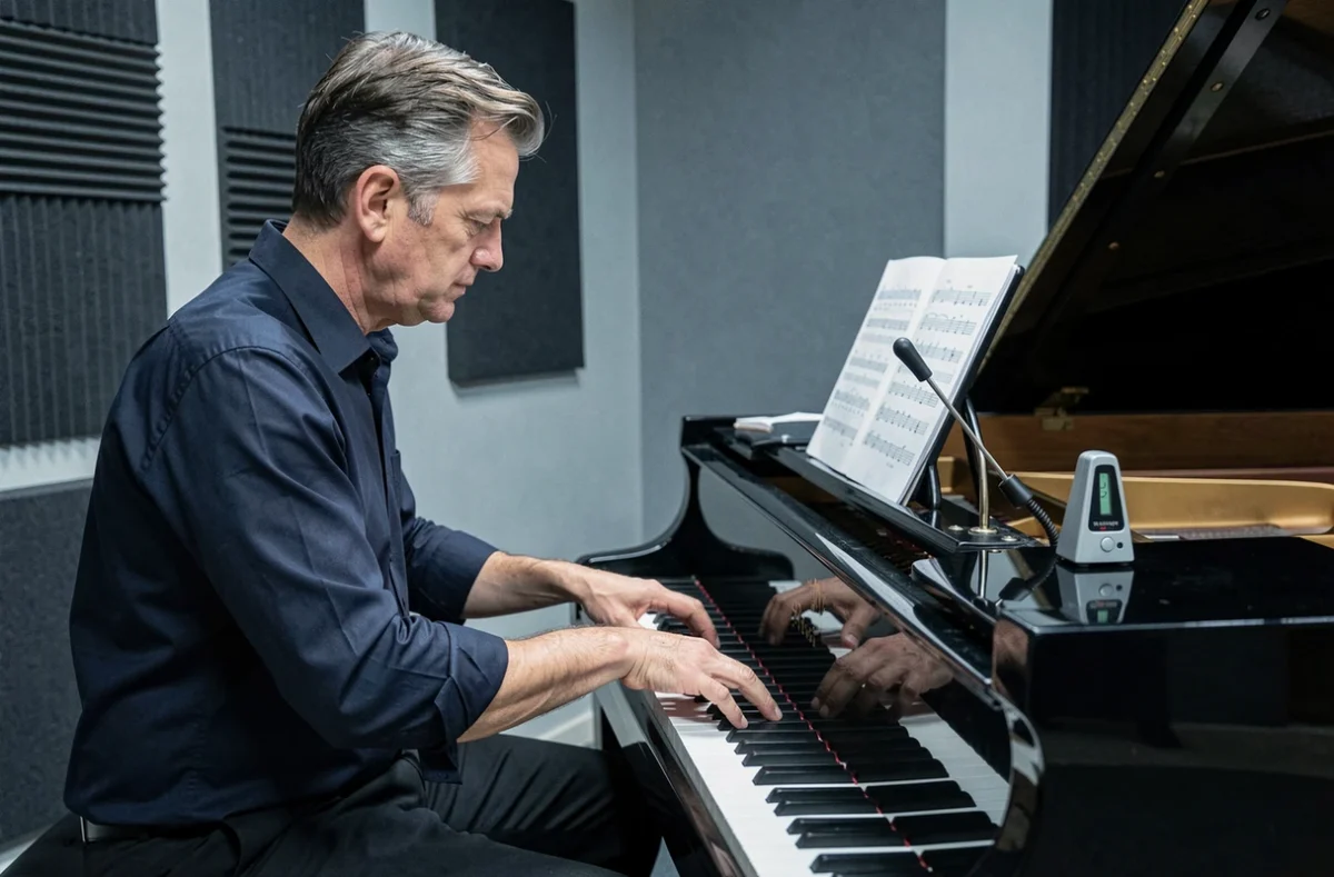 Homme pianiste adulte s'exerçant avec un métronome numérique posé sur un piano à queue noir en studio d'enregistrement