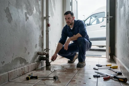 Plombier d'urgence intervenant dans un couloir résidentiel avec une fuite d'eau dans l'Orne