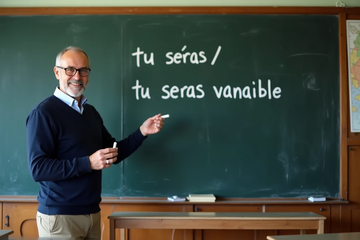 Professeur devant un tableau noir expliquant la règle grammaticale entre futur et conditionnel du verbe être en français