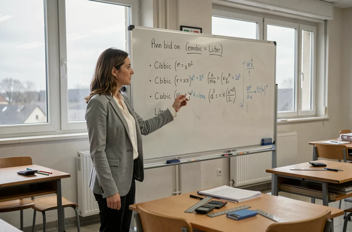 Professeure de mathématiques expliquant les conversions de volume en cm au tableau dans une salle de classe