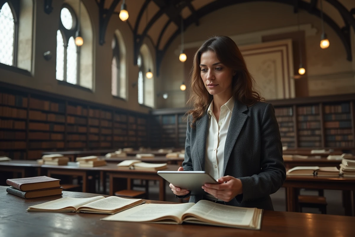 Professeure de droit consultant une base de données juridique historique sur tablette dans une bibliothèque universitaire avec des manuscrits anciens