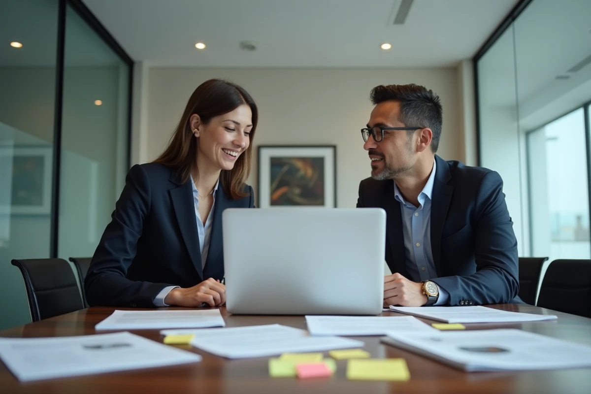Deux professionnels du droit en réunion consultant le site societehistoiredudroit.fr sur ordinateur portable dans une salle de conférence de cabinet d'avocats moderne
