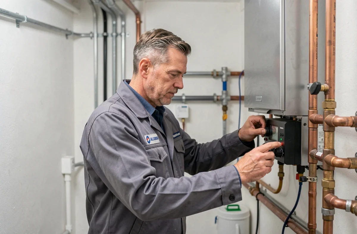 Artisan plombier chauffagiste Proxiserve réglant une chaudière à gaz dans une maison d'Alençon