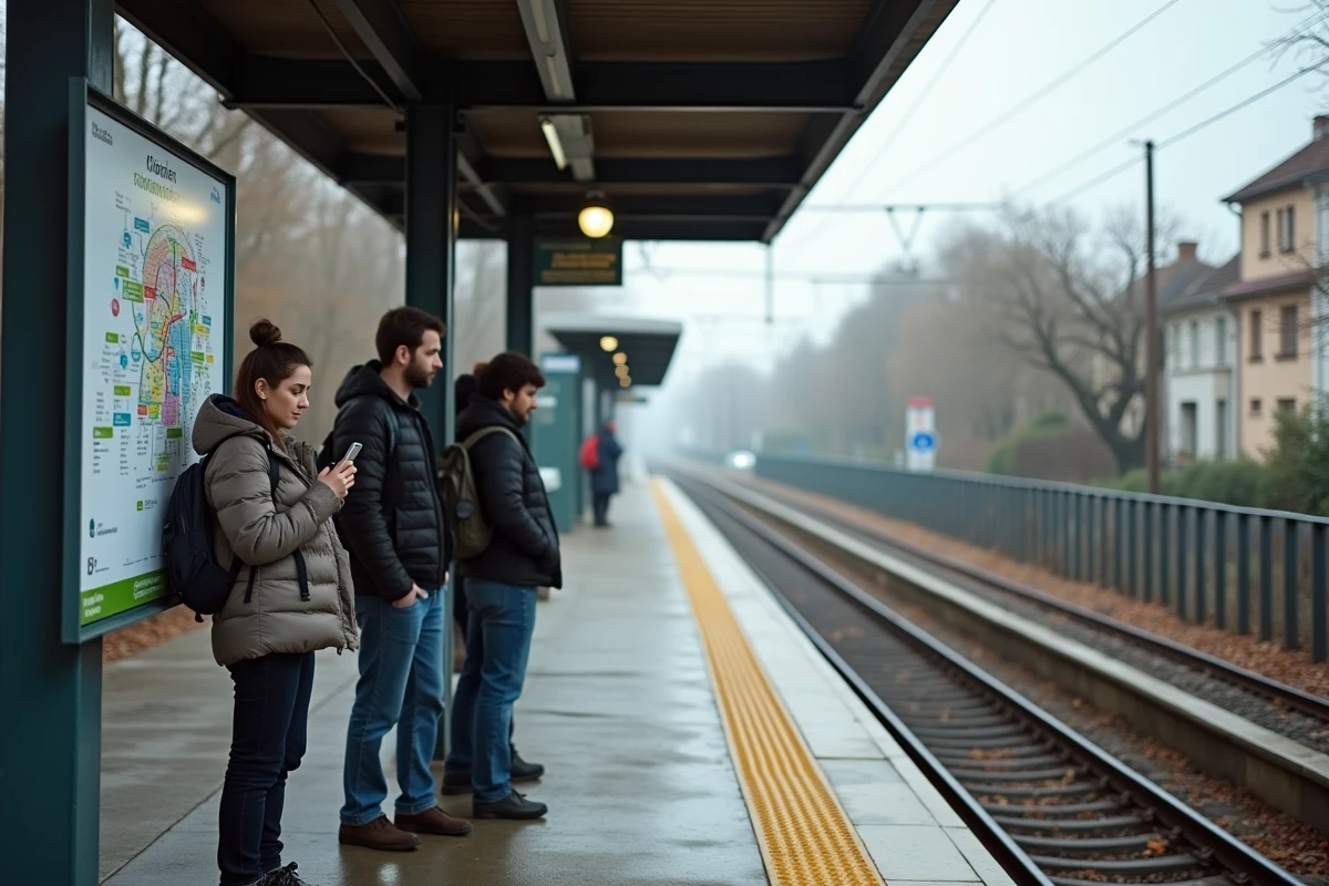 Vue d'un quai de gare Transilien en banlieue parisienne avec des voyageurs consultant les zones tarifaires affichées