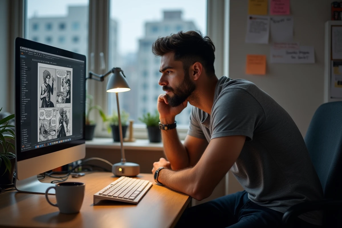 Homme consultant une plateforme de lecture de scans de manga sur un écran d'ordinateur dans un bureau à domicile