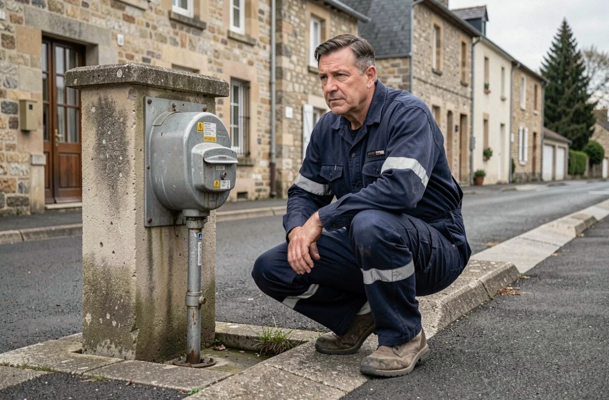 Seurin Philippe plombier intervenant sur un compteur d'eau en extérieur dans l'Orne