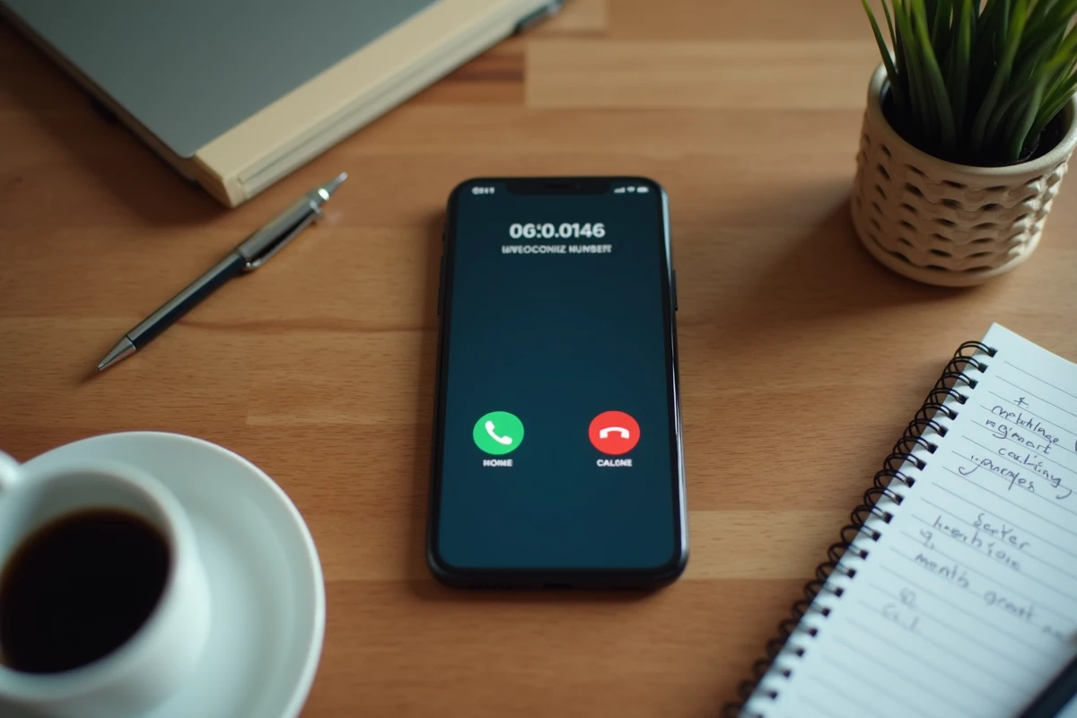 Smartphone affichant un appel entrant d'un numéro inconnu posé sur un bureau