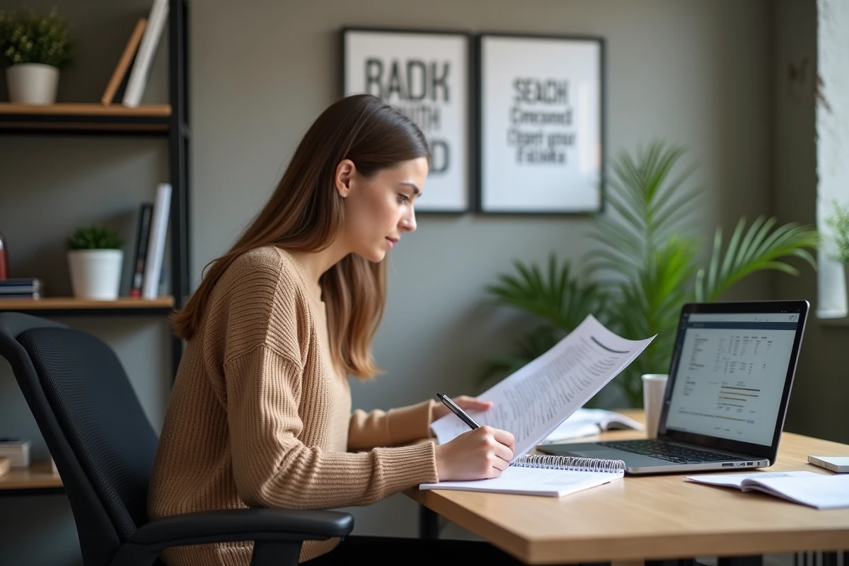 Spécialiste RH analysant des rapports d'audit externalisé à son bureau dans un environnement professionnel