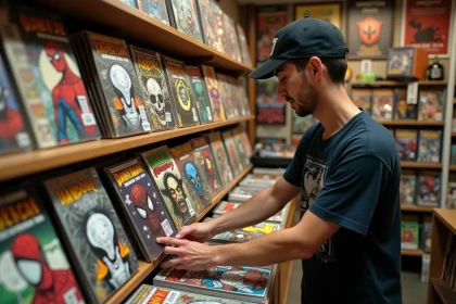 Étagère de librairie BD avec des comics Spider-Man et ses vilains iconiques alignés en boutique de bandes dessinées