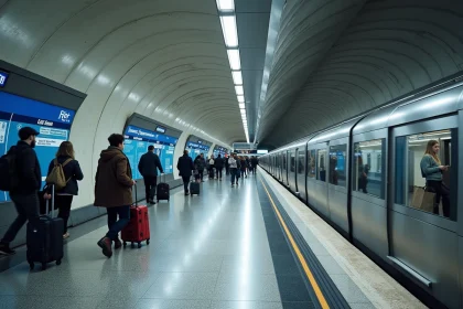 Station moderne de la ligne 14 du métro parisien avec architecture en béton courbe et voyageurs en correspondance RER