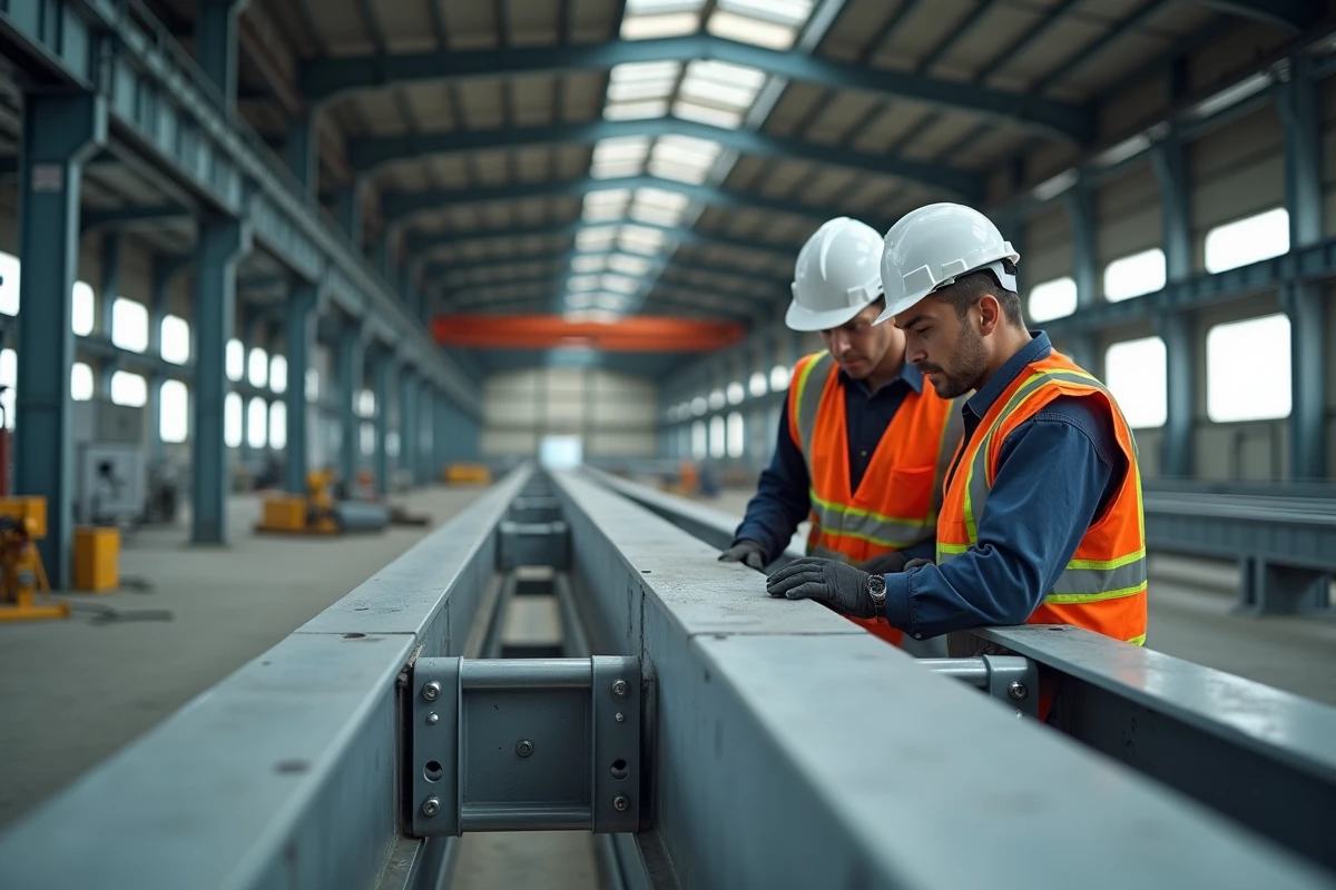 Deux techniciens inspectant une structure porteuse en tube aluminium rectangulaire dans un atelier industriel