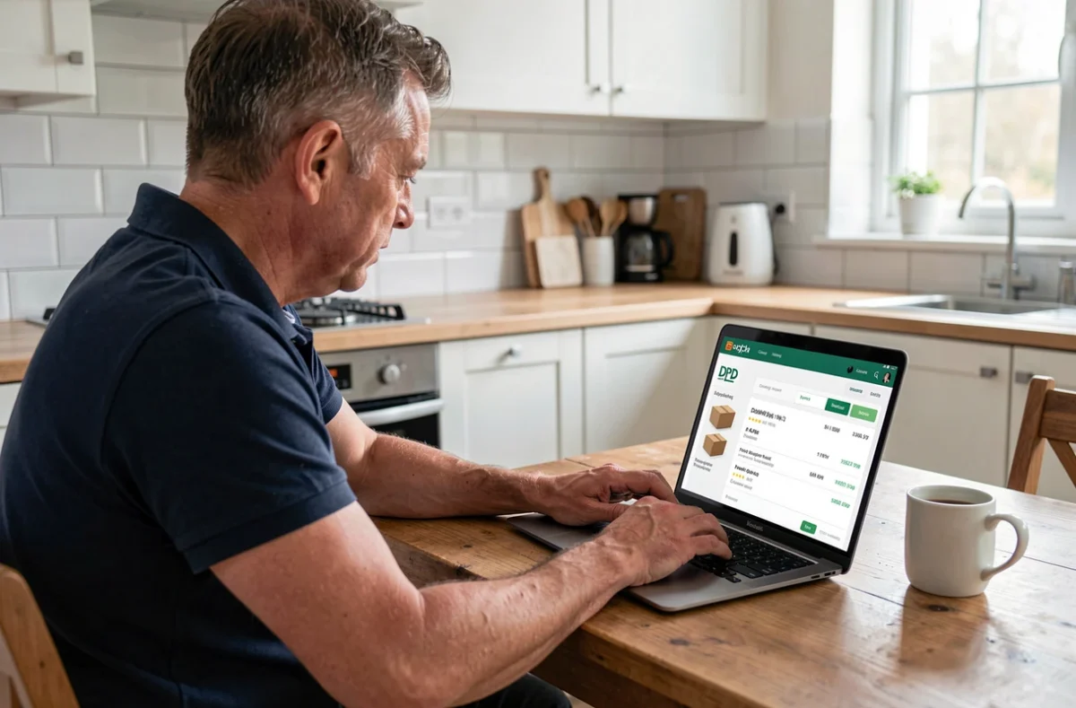 Homme suivant un colis DPD sur son ordinateur portable dans une cuisine moderne