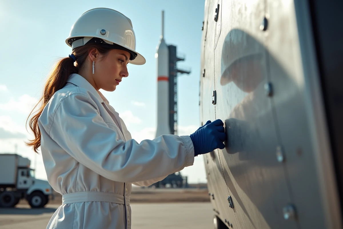 Jeune technicienne installant panneau sur fusée en extérieur