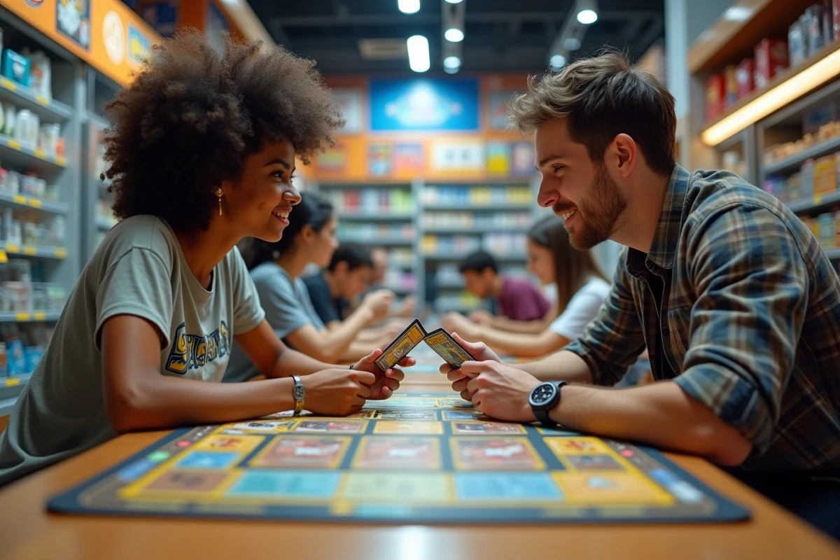 Deux joueurs adultes s'affrontent lors d'un tournoi de JCC Pokémon en boutique spécialisée avec des cartes de la nouvelle extension Flammes Fantasmagoriques