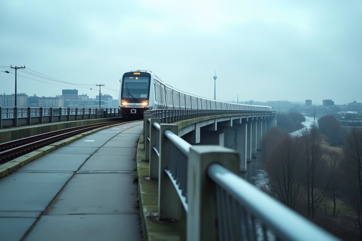Train automatique de la ligne 14 sur viaduc en approche de l'aéroport d'Orly avec paysage urbain francilien