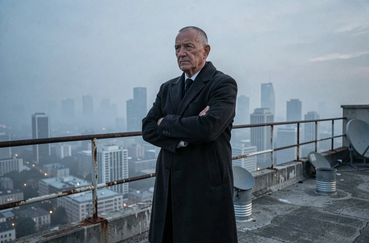 Un homme âgé au regard déterminé contemple une ville depuis un toit industriel, incarnant une vision radicale pour l'avenir des minorités