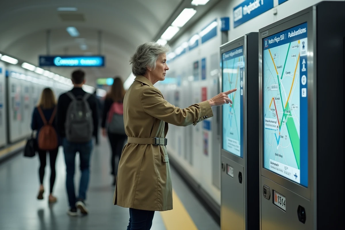 Voyageuse consultant le plan interactif de la ligne 14 avec correspondances RER et Orly dans un couloir du métro parisien